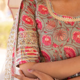 Olive Floral Printed Layered Cotton Indo Western Set