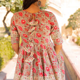 Olive Floral Printed Layered Cotton Indo Western Set