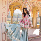 Olive Floral Printed Layered Cotton Indo Western Set