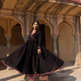 Midnight Black Ikat Border Anarkali Set