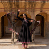 Midnight Black Ikat Border Anarkali Set