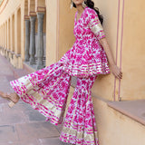 Pastel Pink Floral Printed Layered Indo Western Set