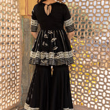 Navy Blue Floral Printed Cape Indo Western Set