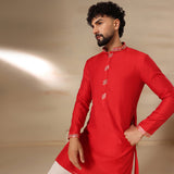 Cherry Red Striped Trim Kurta