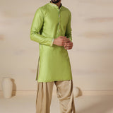 Lime Green Gold Trim Silk Kurta