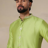 Lime Green Gold Trim Silk Kurta