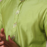 Lime Green Gold Trim Silk Kurta