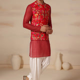 Coral Red Floral Print Nehru Jacket Set