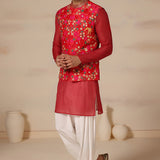 Coral Red Floral Print Nehru Jacket Set