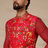 Coral Red Floral Print Nehru Jacket Set