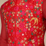 Coral Red Floral Print Nehru Jacket Set