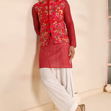 Coral Red Floral Print Nehru Jacket Set