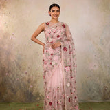 Light Pink Hand Embroidered Floral Net Saree with Scalloped Border | Elegant Party Wear Saree