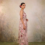 Light Pink Hand Embroidered Floral Net Saree with Scalloped Border | Elegant Party Wear Saree
