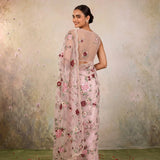Light Pink Hand Embroidered Floral Net Saree with Scalloped Border | Elegant Party Wear Saree