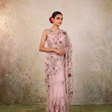 Light Pink Hand Embroidered Floral Net Saree with Scalloped Border | Elegant Party Wear Saree