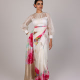 Ivory Watercolour Rose Saree