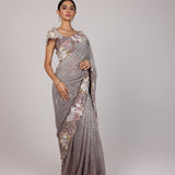 Silver Floral Net Designer Saree