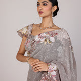 Silver Floral Net Designer Saree