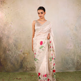 Ivory Hand Painted Lotus Floral Saree With Sequin Embroidered Border