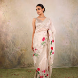 Ivory Hand Painted Lotus Floral Saree With Sequin Embroidered Border