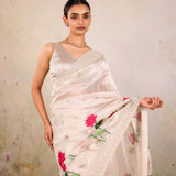 Ivory Hand Painted Lotus Floral Saree With Sequin Embroidered Border