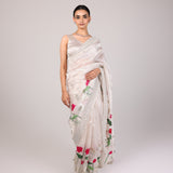 Ivory Hand Painted Lotus Floral Saree With Sequin Embroidered Border