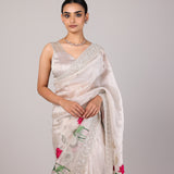 Ivory Hand Painted Lotus Floral Saree With Sequin Embroidered Border