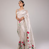 Ivory Hand Painted Lotus Floral Saree With Sequin Embroidered Border