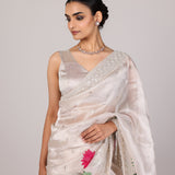 Ivory Hand Painted Lotus Floral Saree With Sequin Embroidered Border