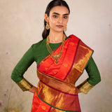 Tangerine Temple-Border Kanjivaram Saree