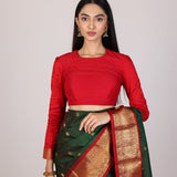 Dark Green Kanjivaram Silk Saree With Red Contrast Border & Gold Zari Buttas