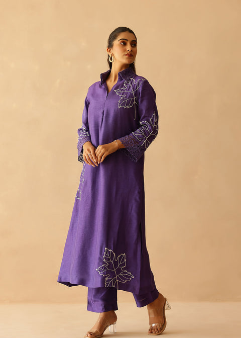 <img> Royal Purple Russian Silk Embroidered Kurti Set