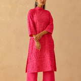 Fuchsia Pink Cotton Santoon Embroidered Kurti Set