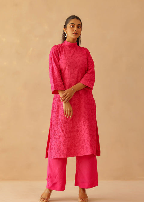 <img> Fuchsia Pink Cotton Santoon Embroidered Kurti Set