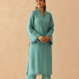 Teal Green Cotton Santoon Solid Kurti Set