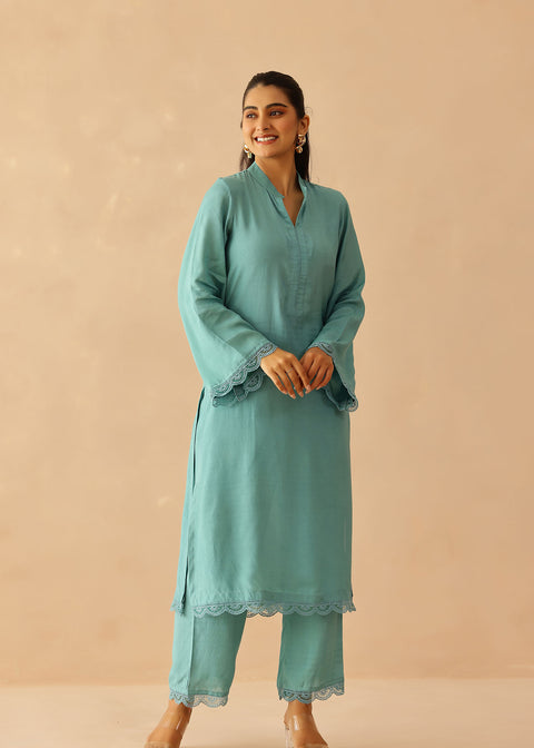 <img> Teal Green Cotton Santoon Solid Kurti Set
