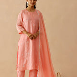 Peach Russian Silk Embroidered Kurti Set