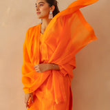 Bright Orange Russian Silk Solid Kurti Set