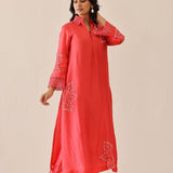 Coral Red Russian Silk Embroidered Kurti Set