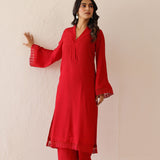 Crimson Red Cotton Santoon Solid Kurti Set
