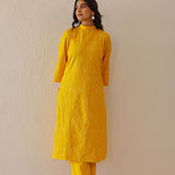 Golden Yellow Cotton Santoon Embroidered Kurti Set