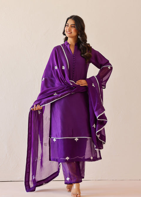 <img> Deep Purple Russian Silk Solid Kurti Set