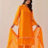 Bright Orange Russian Silk Solid Kurti Set