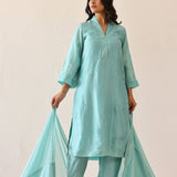 Aqua Blue Russian Silk Subtle Embroidered Kurti Set