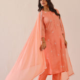 Salmon Pink Russian Silk Embroidered Kurti Set