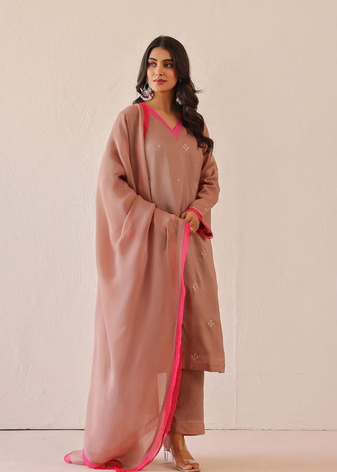 <img> Old Rose Pink Russian Silk Subtle Embroidered Kurti Set