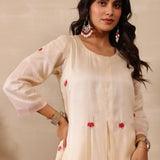Off White Russian Silk Embroidered Kurti Set