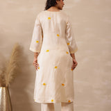 Off White Russian Silk Embroidered Kurti Set