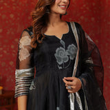 Rich Black Organza Floral Printed Anarkali Set